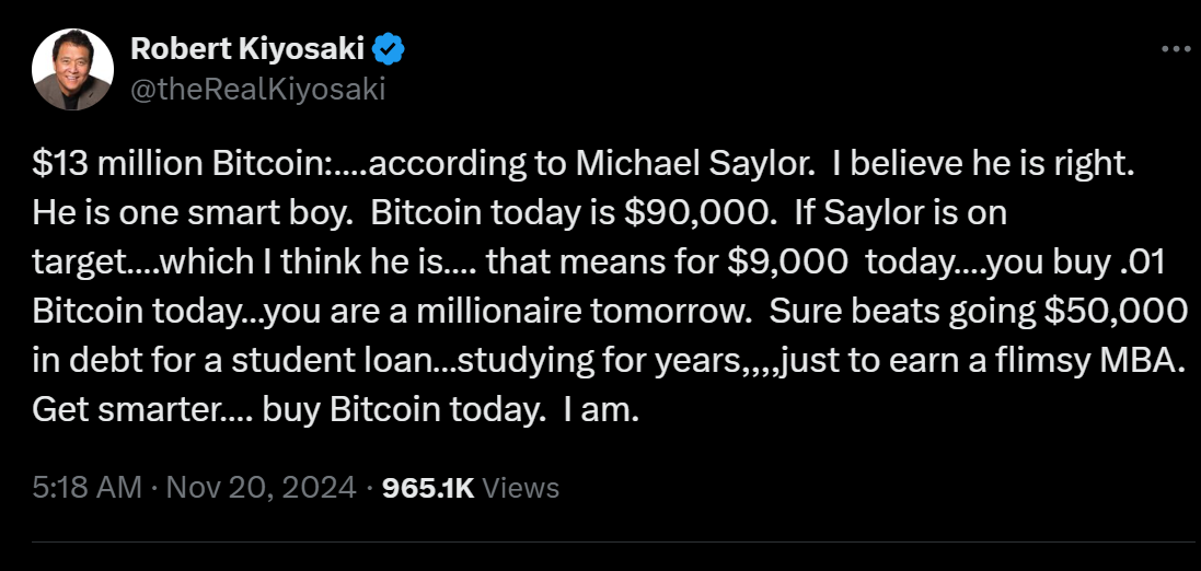 Rich Dad Poor Dad Robert Kiyosaki backs Michael Saylor’s $13 million Bitcoin prediction