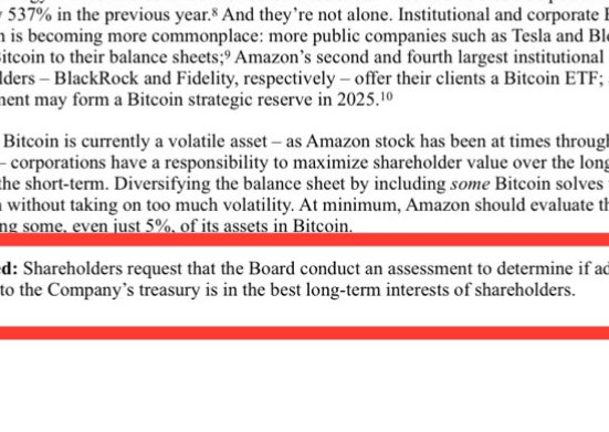 Amazon shareholders tells company to consider adding Bitcoin to its treasury