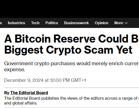 Bloomberg editorial criticizes U.S. proposed Bitcoin reserve as “biggest crypto scam”