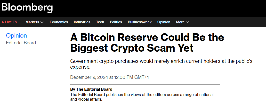 Bloomberg editorial criticizes U.S. proposed Bitcoin reserve as “biggest crypto scam”