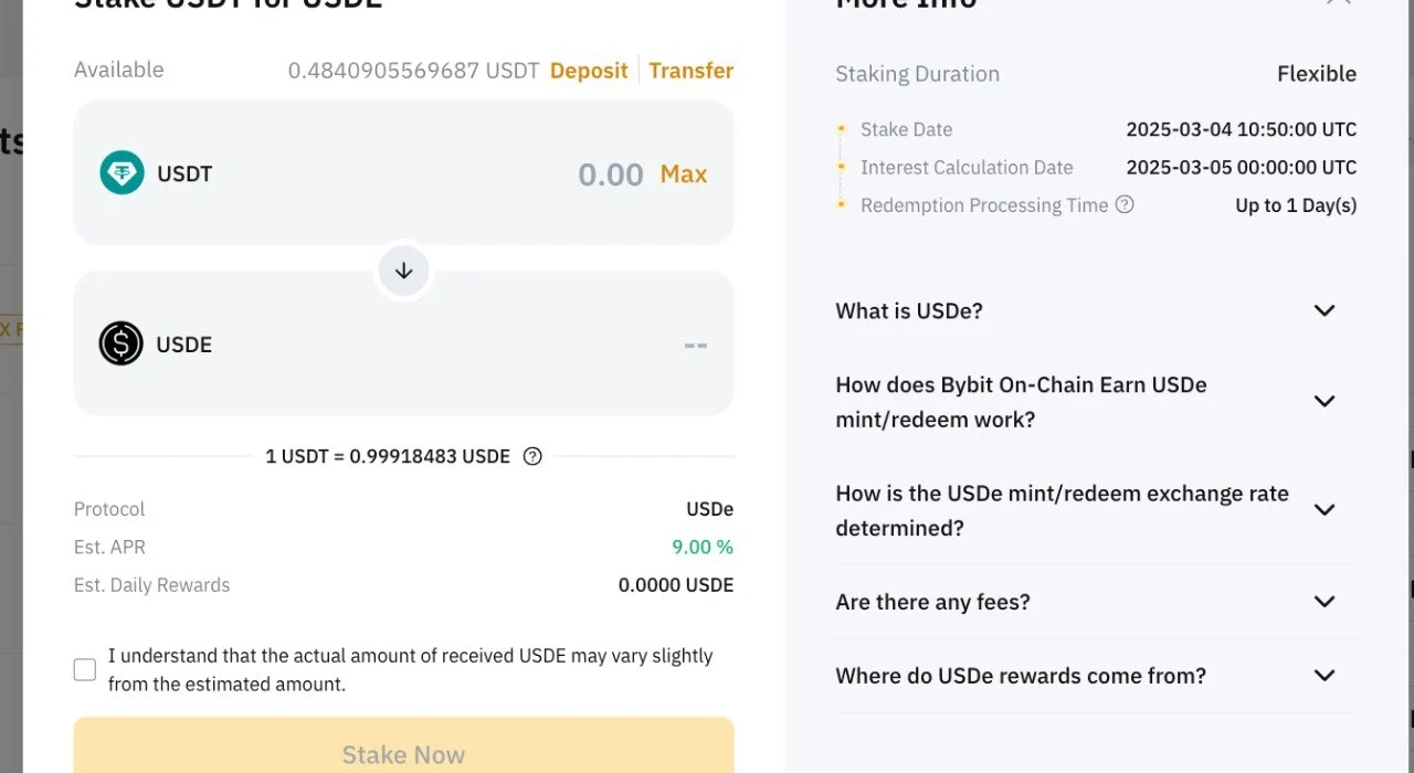 An interface of a direct swap between Tether's USDT and Ethena Labs' USDe