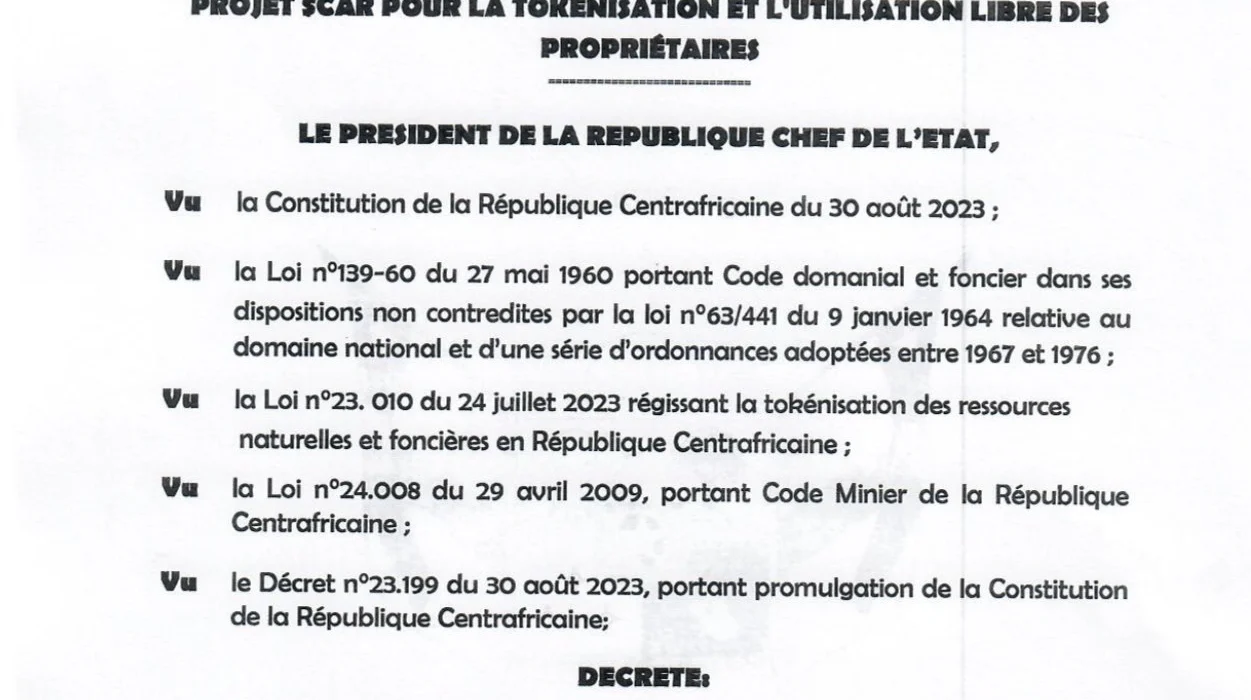 Excerpts from CAR President Faustin-Archange Touadéra sharing his country's plans to tokenize over 1,700 hectares of land